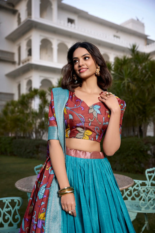 Blaugrüner Dola-Seiden-Lehenga-Choli mit Kalamkari-Druck