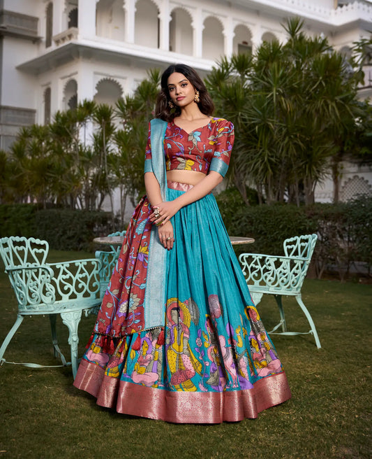 Blaugrüner Dola-Seiden-Lehenga-Choli mit Kalamkari-Druck