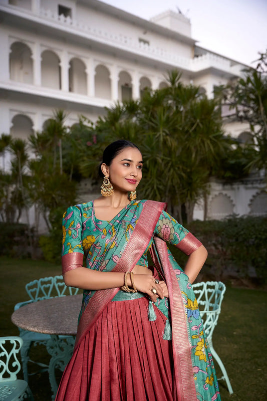 Hellroter Lehenga Choli aus Dola-Seide mit Kalamkari-Print