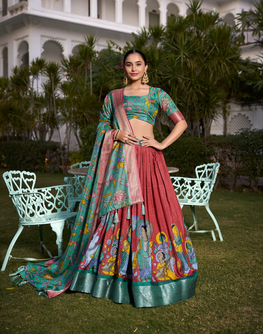 Hellroter Lehenga Choli aus Dola-Seide mit Kalamkari-Print