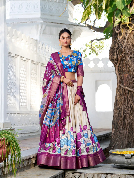 Cremefarbenes Dola-Seiden-Lehenga-Choli mit Kalamkari-Druck