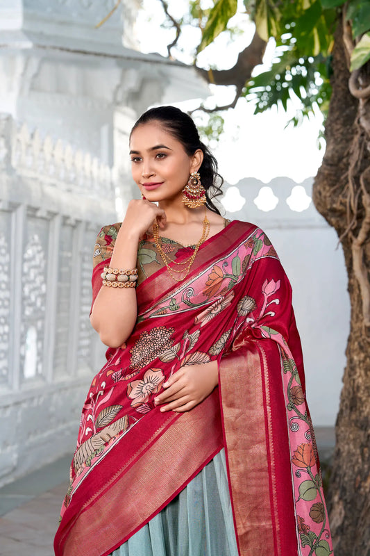 Seegrüner Dola-Seiden-Lehenga-Choli mit Kalamkari-Print