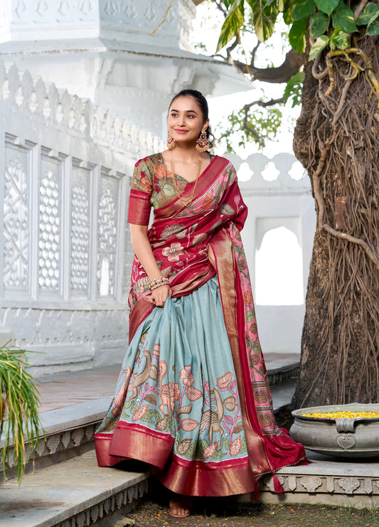Seegrüner Dola-Seiden-Lehenga-Choli mit Kalamkari-Print