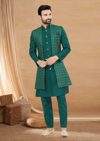 Ensemble Kurta vert forêt avec veste sans manches en soie et viscose pure
