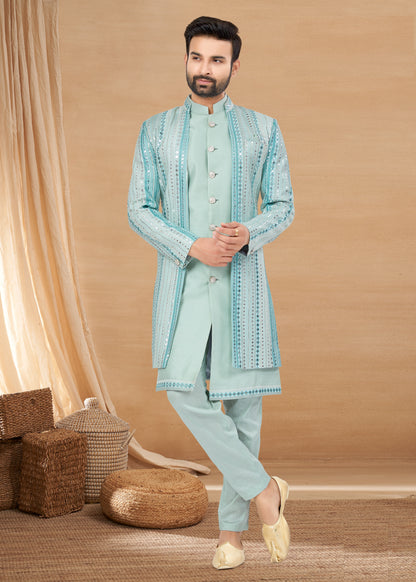 Ensemble Kurta bleu ciel avec veste scintillante en soie et viscose pure