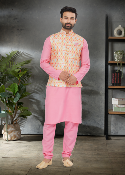 Ensemble Kurta rose dragée coton épais avec veste Koti rose multicolore soie imprimé digitale