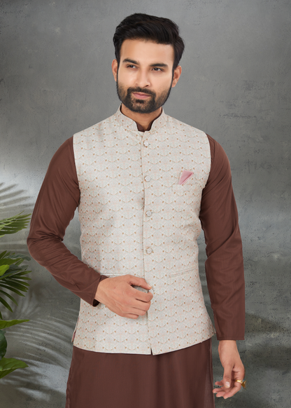 Ensemble Kurta marron chocolat coton épais avec veste Koti beige soie imprimé digitale