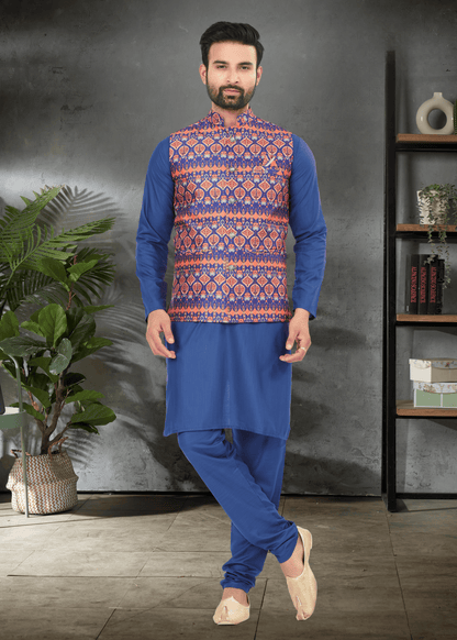 Ensemble Kurta bleu saphir coton épais avec veste Koti bleue et orange soie imprimé digitale