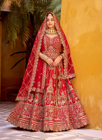 Lehenga de mariée rouge foncé traditionnel en soie premium inspiration de créateur COLLECTION SAHIBA
