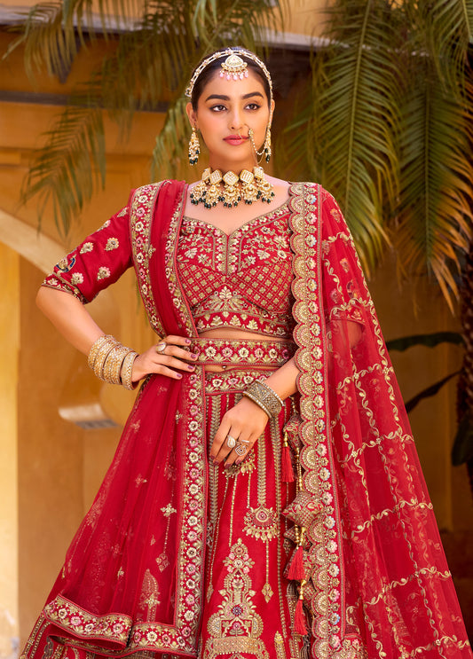 Lehenga de mariée rouge foncé traditionnel en soie premium inspiration de créateur COLLECTION SAHIBA