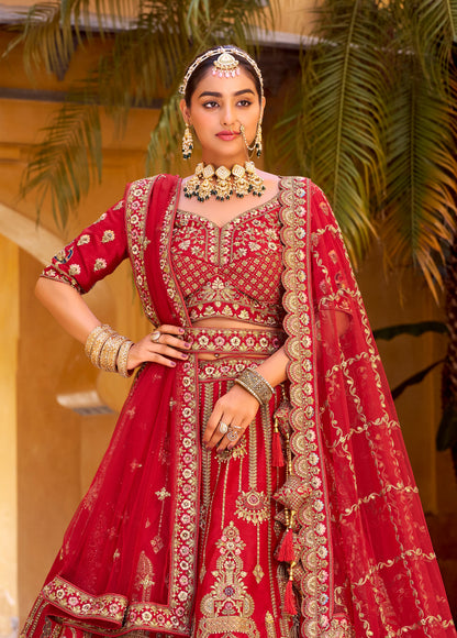 Lehenga de mariée rouge foncé traditionnel en soie premium inspiration de créateur COLLECTION SAHIBA