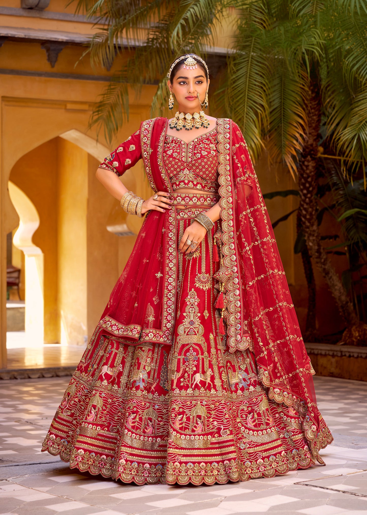 Lehenga de mariée rouge foncé traditionnel en soie premium inspiration de créateur COLLECTION SAHIBA