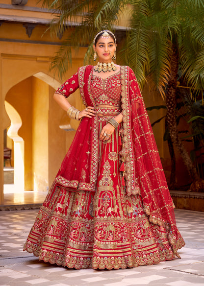 Lehenga de mariée rouge foncé traditionnel en soie premium inspiration de créateur COLLECTION SAHIBA