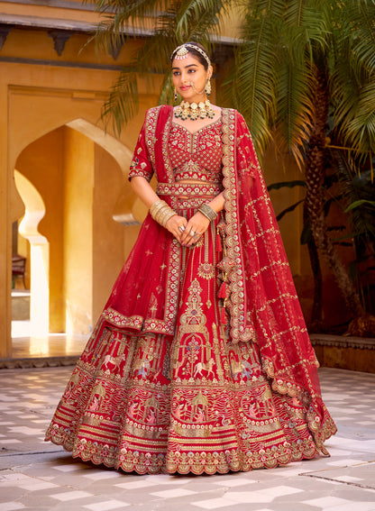 Lehenga de mariée rouge foncé traditionnel en soie premium inspiration de créateur COLLECTION SAHIBA