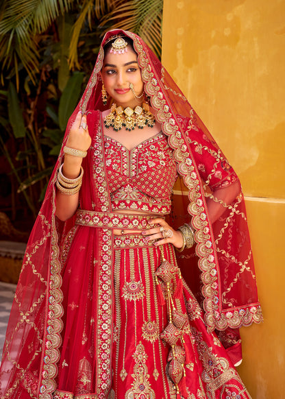 Lehenga de mariée rouge foncé traditionnel en soie premium inspiration de créateur COLLECTION SAHIBA