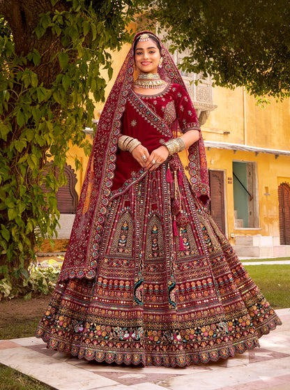 Lehenga de mariée rouge bordeaux foncé traditionnel en velours premium inspiration de créateur COLLECTION SAHIBA