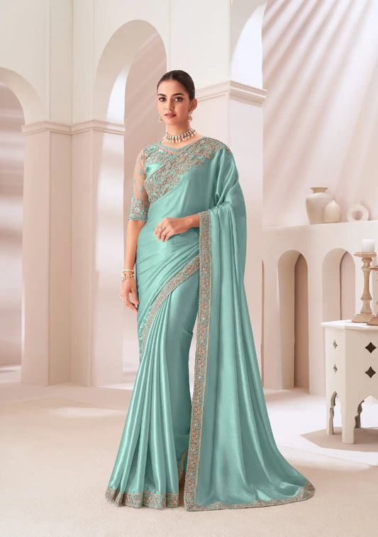 Turquoise Green Satin Chiffon Party Wear Saree with Sequin and Thread Embroidery