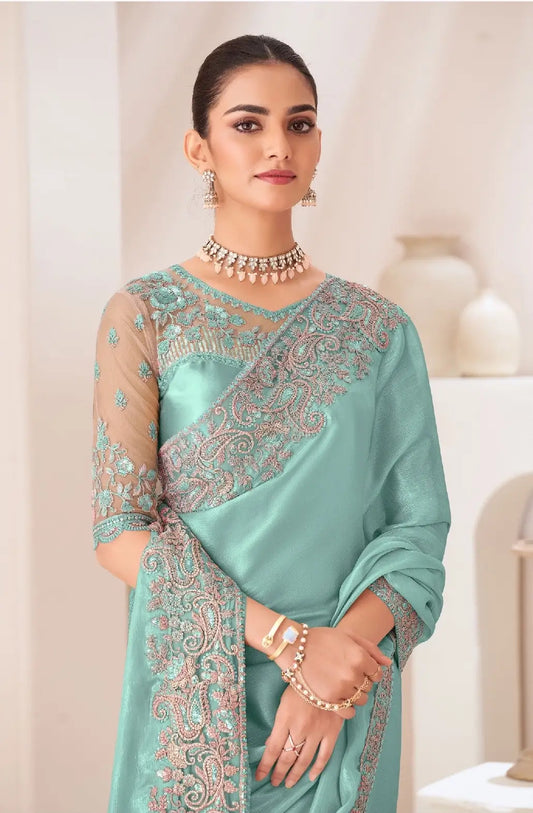Turquoise Green Satin Chiffon Party Wear Saree with Sequin and Thread Embroidery