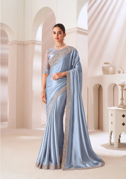 Sari Bleu Gris en Satin Chiffon pour Fêtes avec Broderie à Sequins et Fils