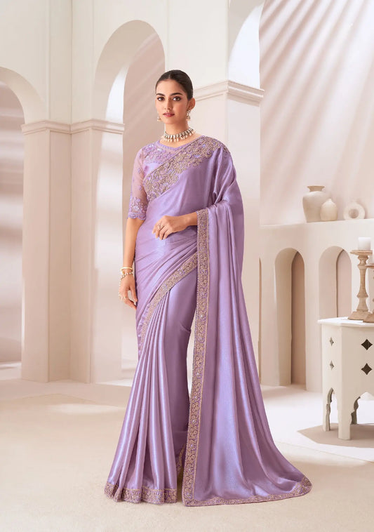 Lavender Purple Satin Chiffon Party Wear Saree with Sequin and Thread Embroidery