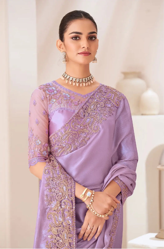 Lavender Purple Satin Chiffon Party Wear Saree with Sequin and Thread Embroidery