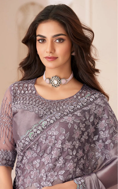 Pale lavender silk satin party wear sari with sequin and thread embroidery