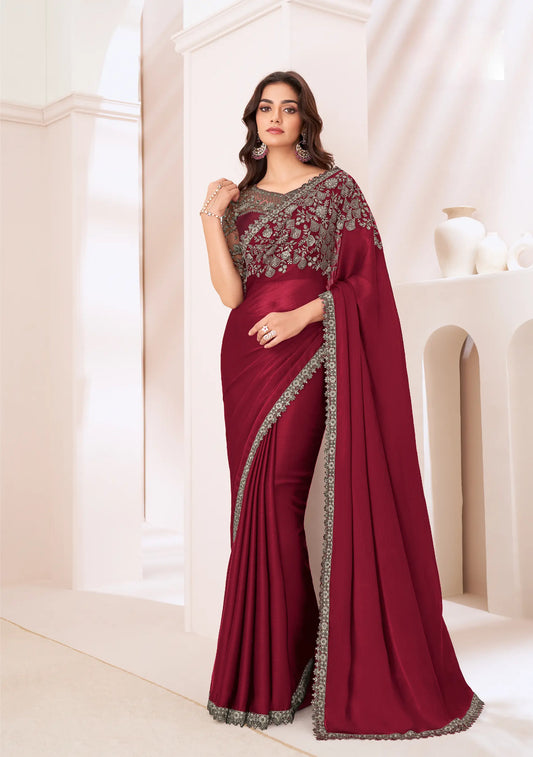 Sari de soirée en satin chiffon rouge avec broderie de sequins et fil