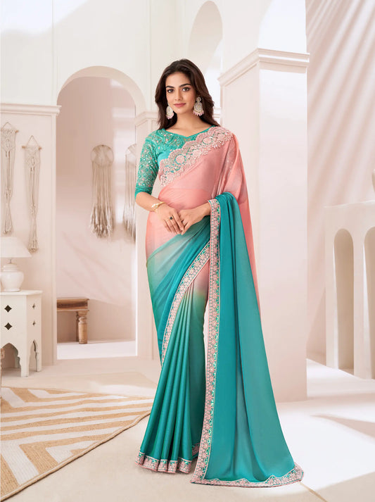Sari de soirée en chiffon bleue et rose dégradée avec broderie de sequins et fil