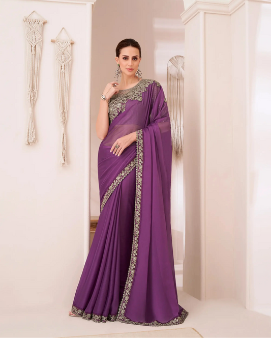 Sari de soirée en georgette chiffon violet foncé avec broderie de sequins et fil