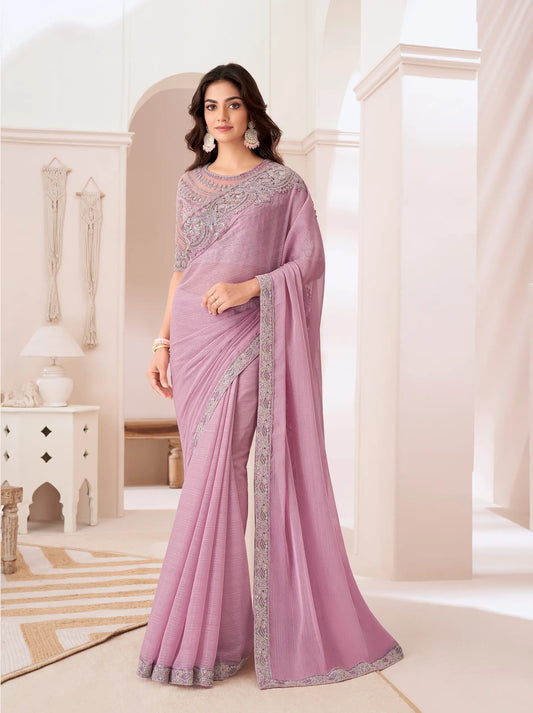 Sari de fête en chiffon rose blossom avec broderies en sequins et fil argentés