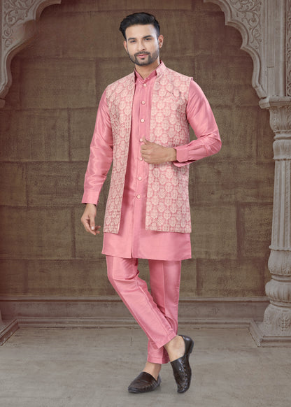 Ensemble Kurta rose clair avec Veste Ouverte Ton sur Ton à motifs
