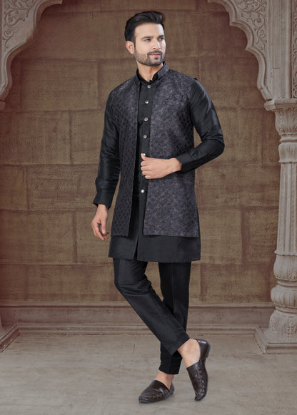 Ensemble Kurta noir avec Veste Ouverte Ton sur Ton