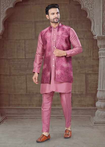 Ensemble Kurta rose foncé avec Veste Ouverte Ton sur Ton à effet