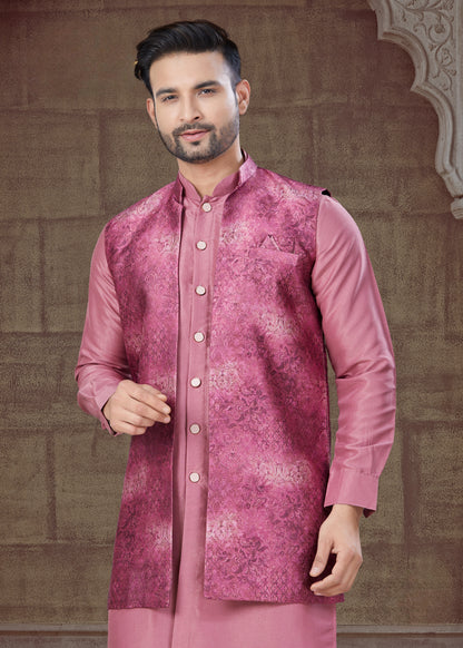 Ensemble Kurta rose foncé avec Veste Ouverte Ton sur Ton à effet