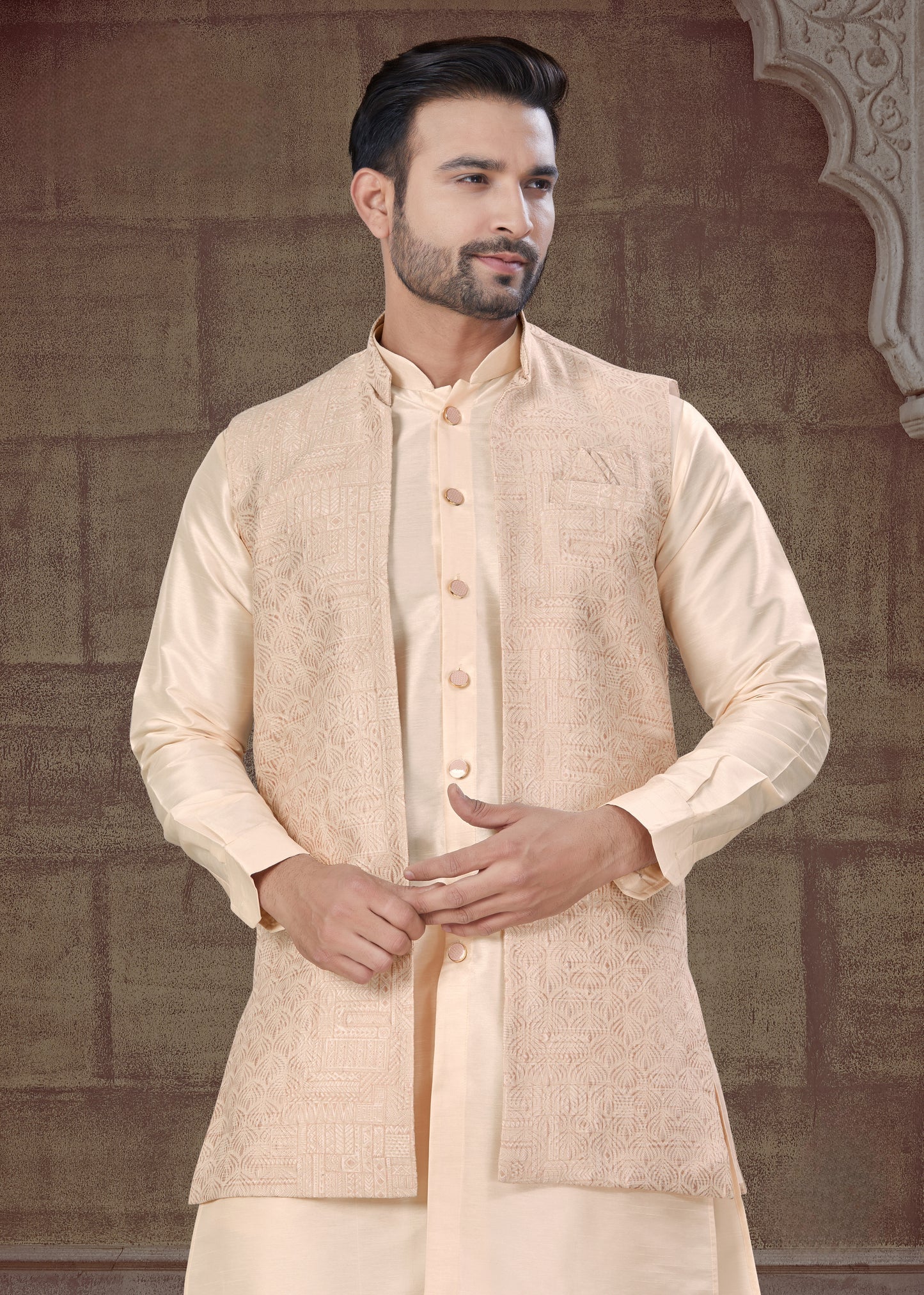 Ensemble Kurta beige ancien avec Veste Ouverte Ton sur Ton