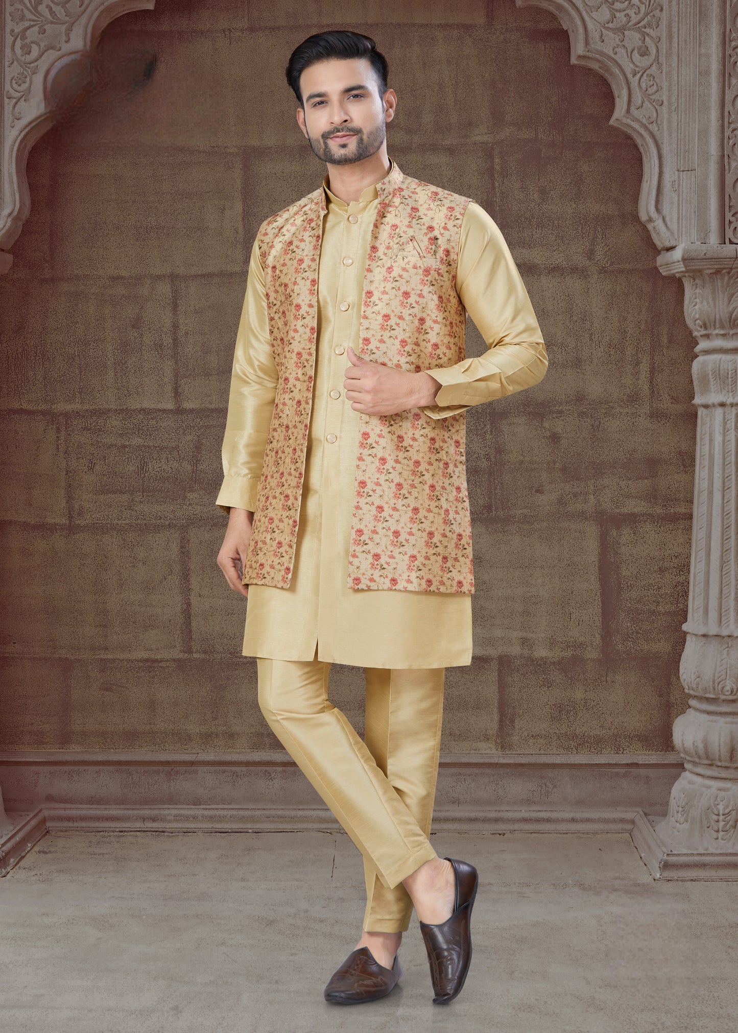 Peach chiffon crystal evening sari with sequin and thread embroidery