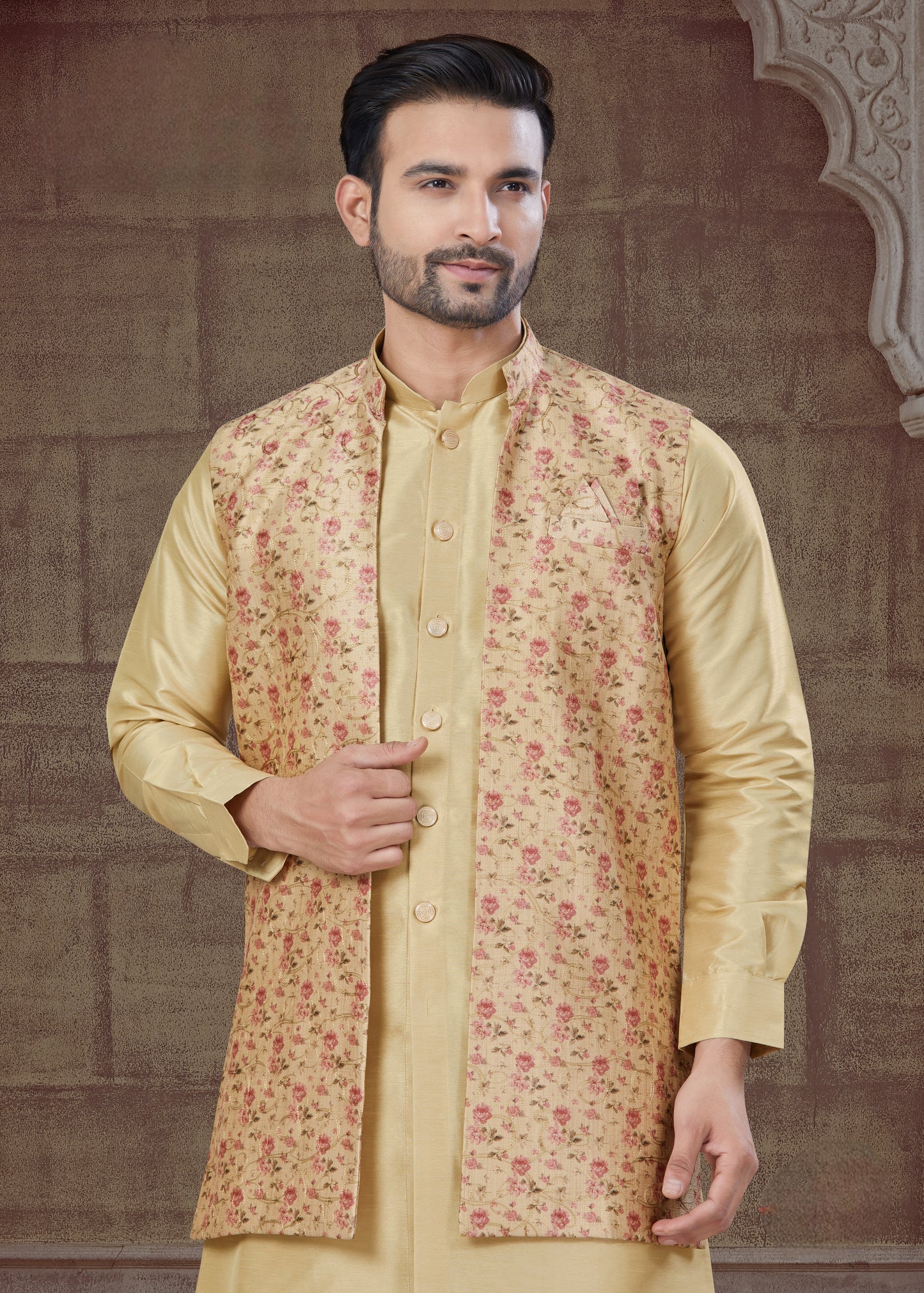 Peach chiffon crystal evening sari with sequin and thread embroidery