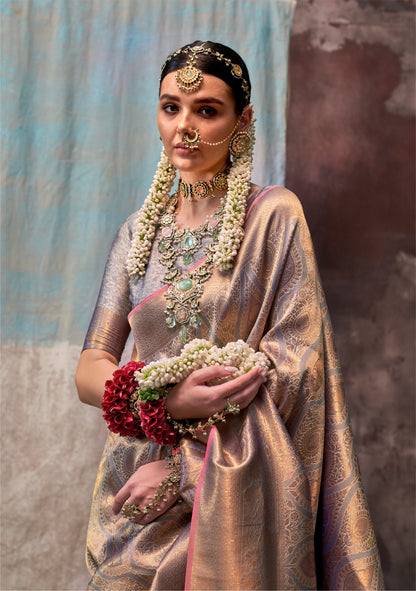Sari gris violet tissé main effet bicolore Tradition COLLECTION QALA