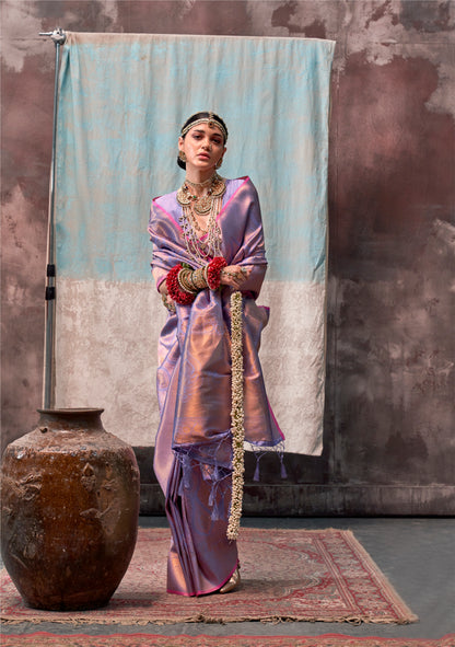 Green glass silk sari with multi-colored red floral blouse and digital print, sequin and thread embroidery