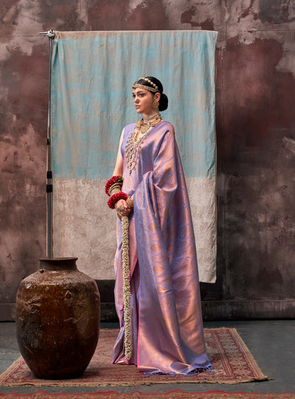Green glass silk sari with multi-colored red floral blouse and digital print, sequin and thread embroidery