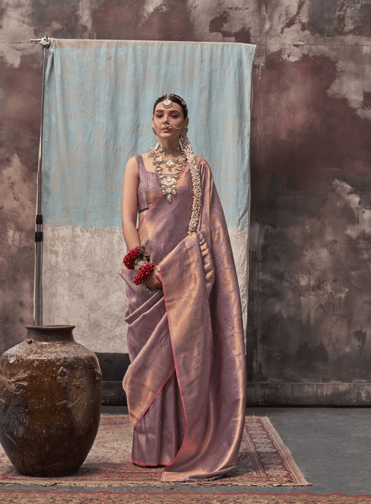 Green glass silk sari with multi-colored red floral blouse and digital print, sequin and thread embroidery