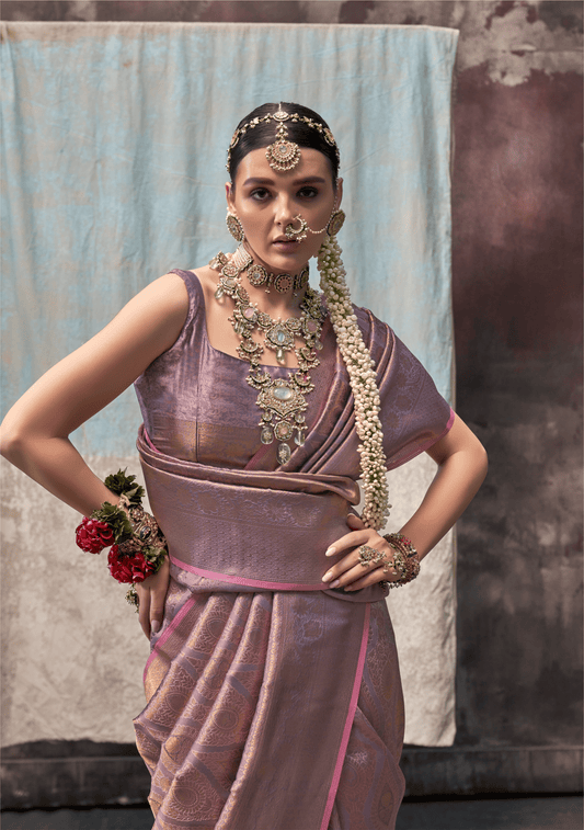 Green glass silk sari with multi-colored red floral blouse and digital print, sequin and thread embroidery