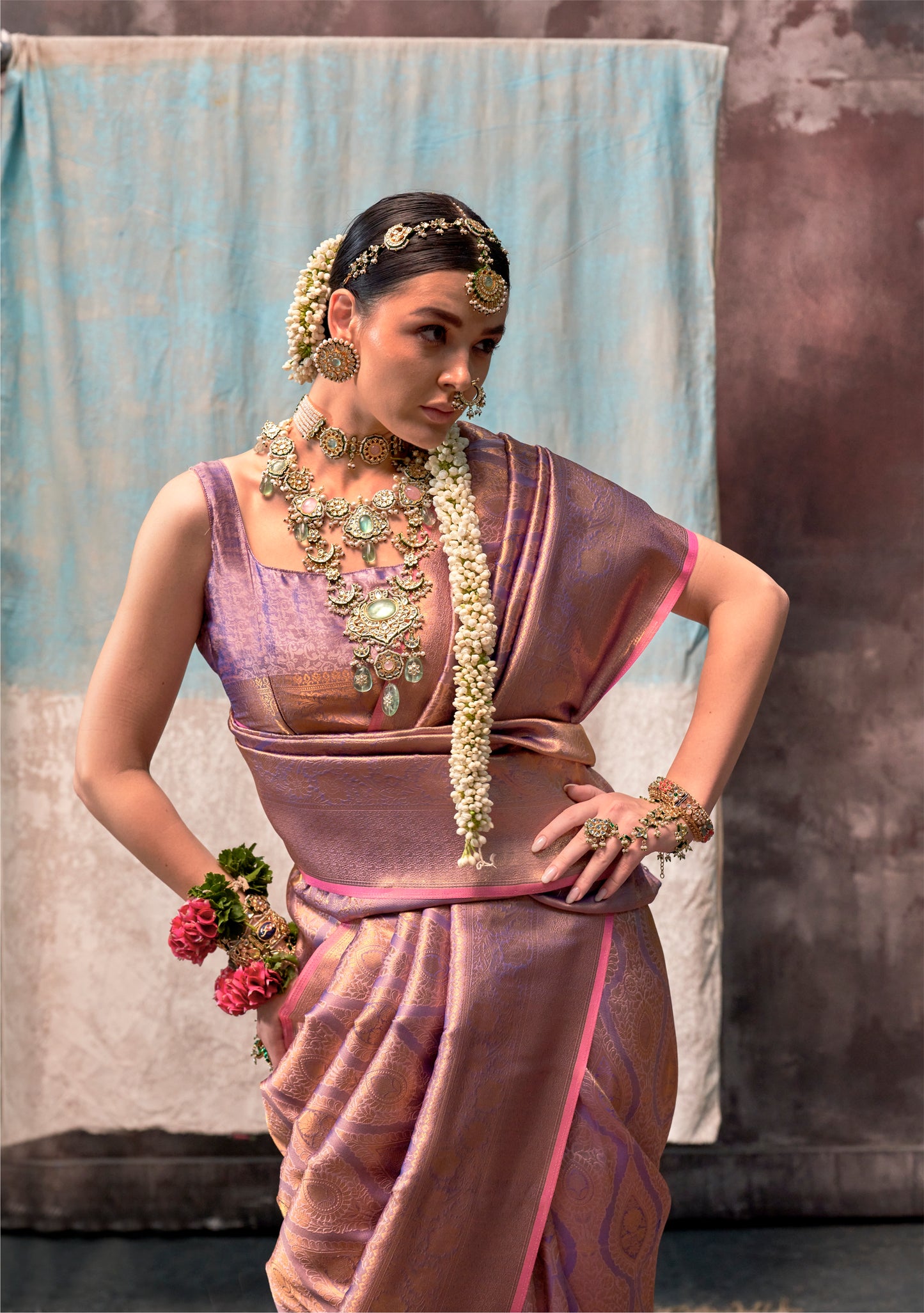 Green glass silk sari with multi-colored red floral blouse and digital print, sequin and thread embroidery