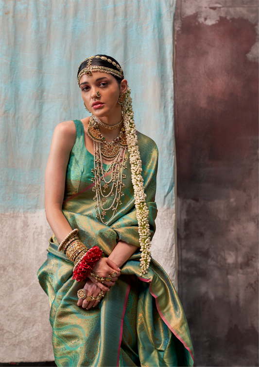 Green glass silk sari with multi-colored red floral blouse and digital print, sequin and thread embroidery