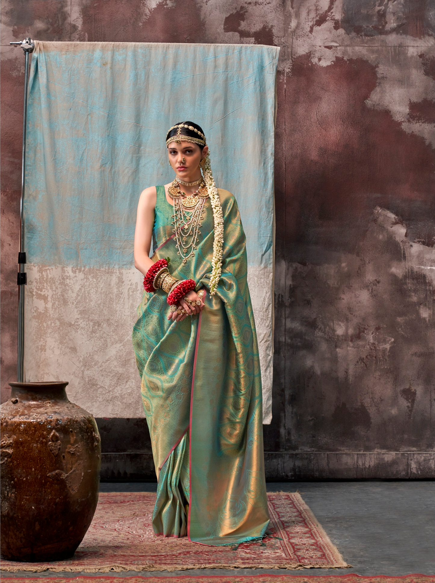Green glass silk sari with multi-colored red floral blouse and digital print, sequin and thread embroidery