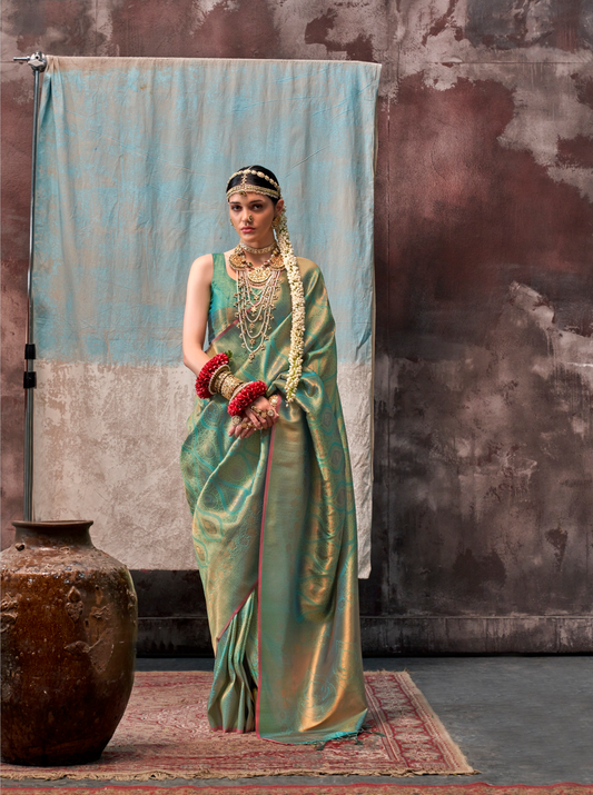 Green glass silk sari with multi-colored red floral blouse and digital print, sequin and thread embroidery