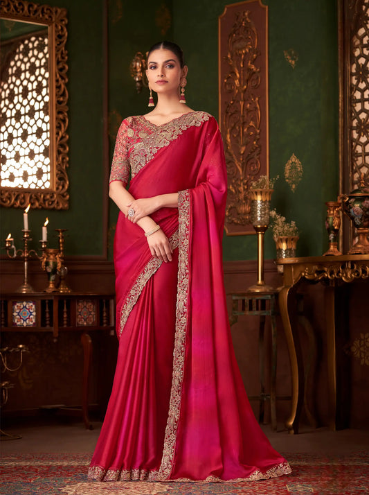 Sari de soirée en chiffon dégradé rouge avec broderie au fil et sequins