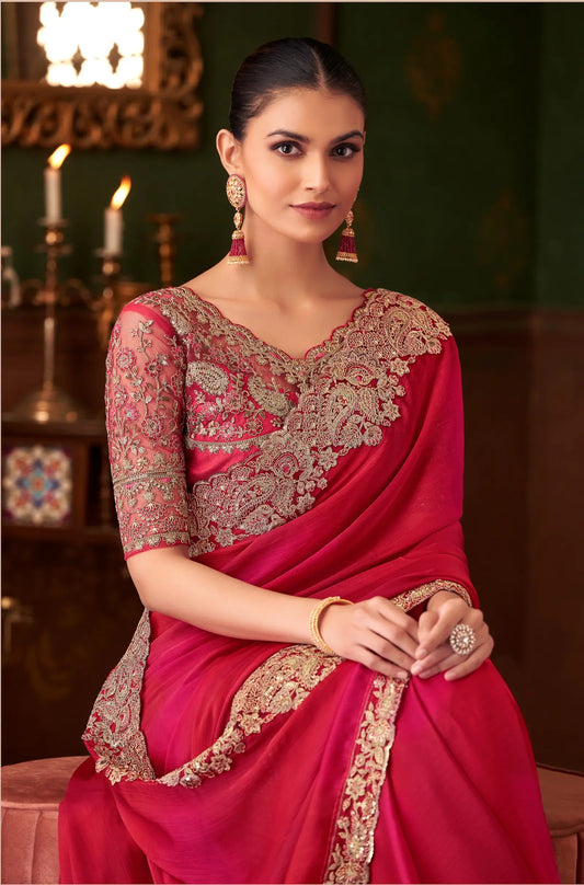 Sari de soirée en chiffon dégradé rouge avec broderie au fil et sequins