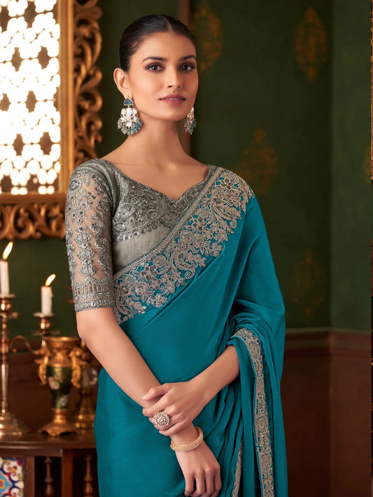 Sari de soirée en chiffon bleu sarcelle avec broderie au fil et sequins