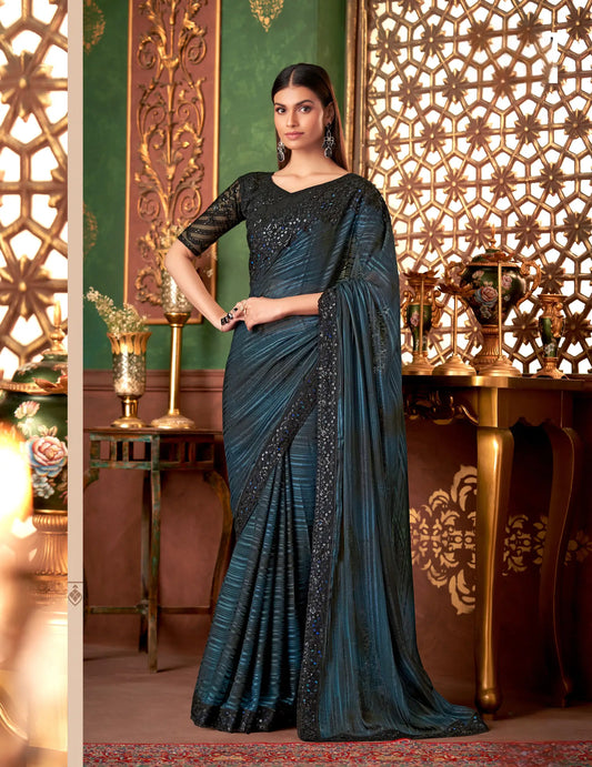 Sari de soirée en soie noire à motifs avec broderie au fil et aux sequins